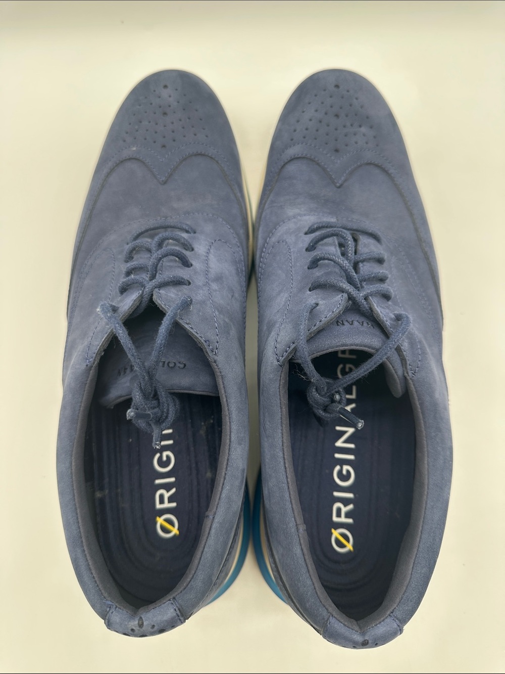 Cole Haan Original Grand Navy Nubuck Wingtip Oxfords with Blue Sole Accents - Picture 4 of 9